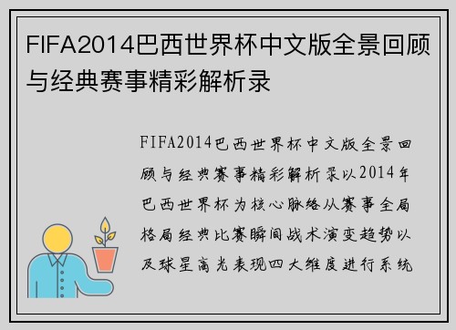 FIFA2014巴西世界杯中文版全景回顾与经典赛事精彩解析录